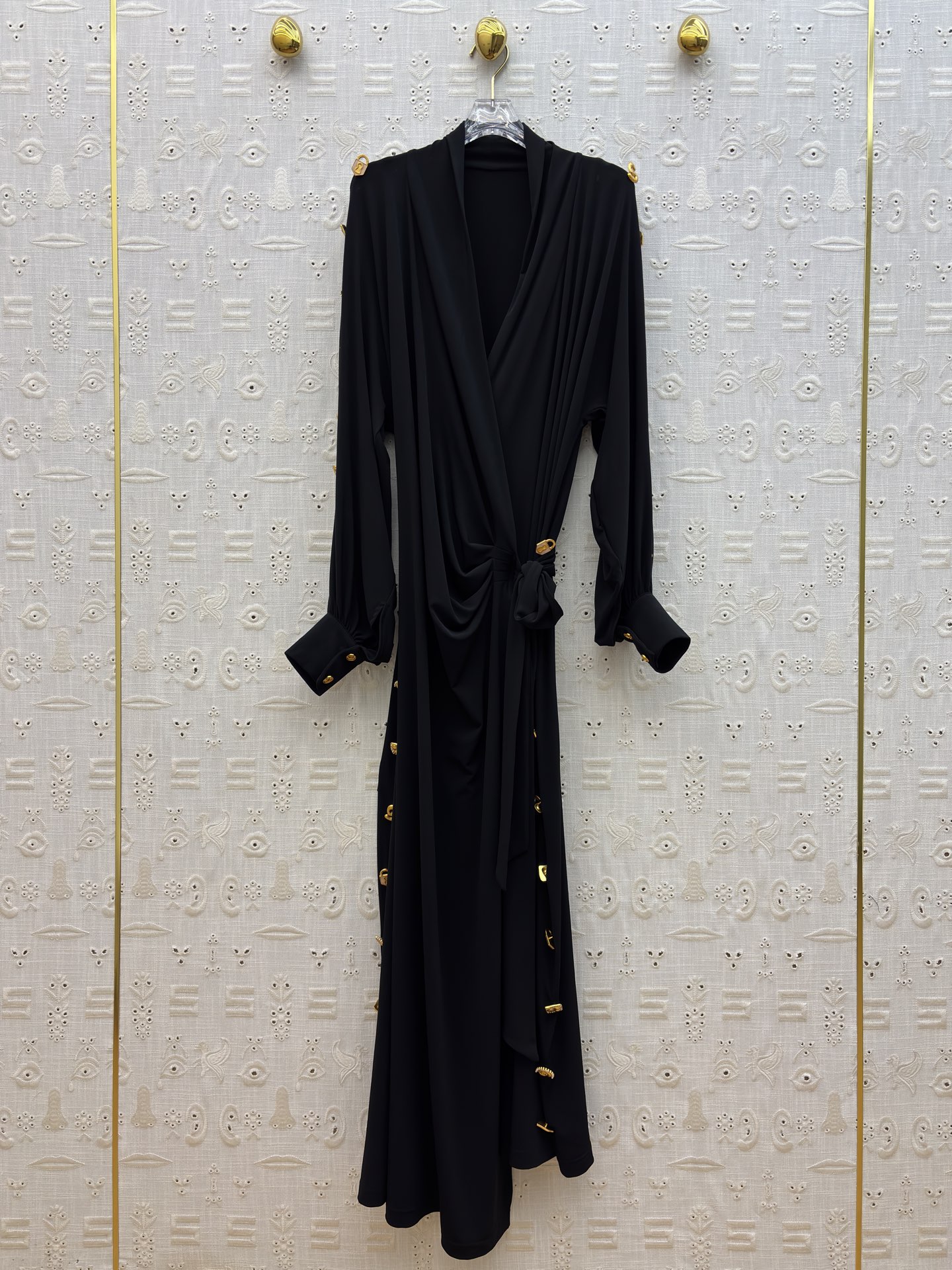 Elegant Wrap Dress with Asymmetrical Hem and Gold Buckle Detail