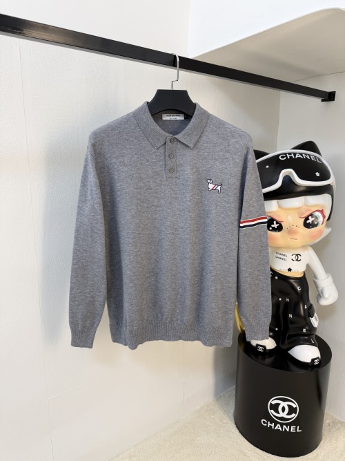 Thom Browne Grey Knit Polo Shirt with Dog Icon and Striped Sleeve Detail 1 Thom Browne Grey Knit Polo Shirt with Dog Icon and Striped Sleeve Detail