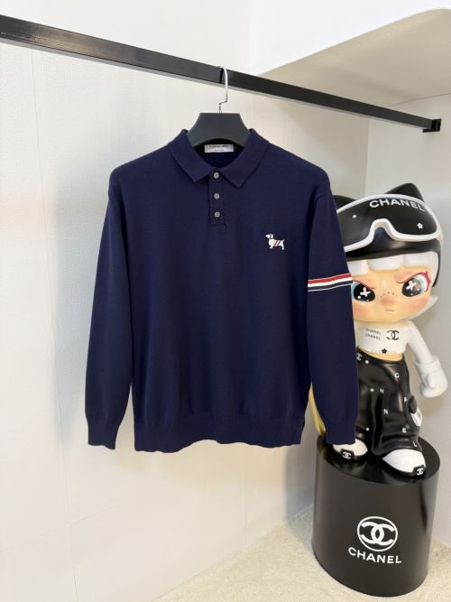 Thom Browne Navy Knit Polo Sweater with Dog Embroidery and Arm Stripes 1 Thom Browne Navy Knit Polo Sweater with Dog Embroidery and Arm Stripes
