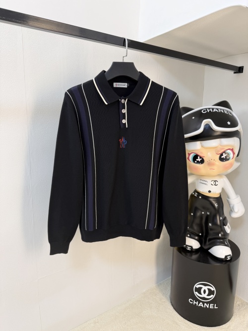 Moncler Men's Black Knit Polo Sweater, Long Sleeve Designer Casual 1 Moncler Men's Black Knit Polo Sweater, Long Sleeve Designer Casual