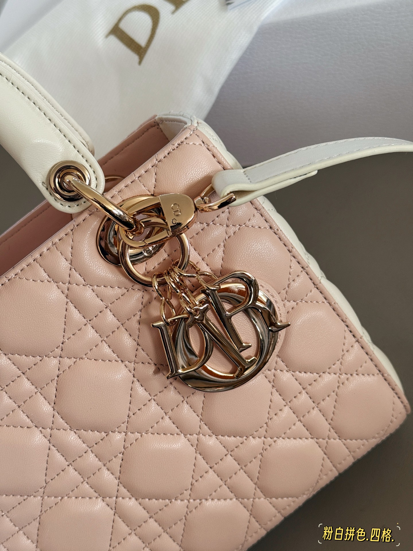 Elegante Bolso Lady Dior en Piel de Cordero Rosa y Blanco con Charm 4 i1749876934576 7779 0 2