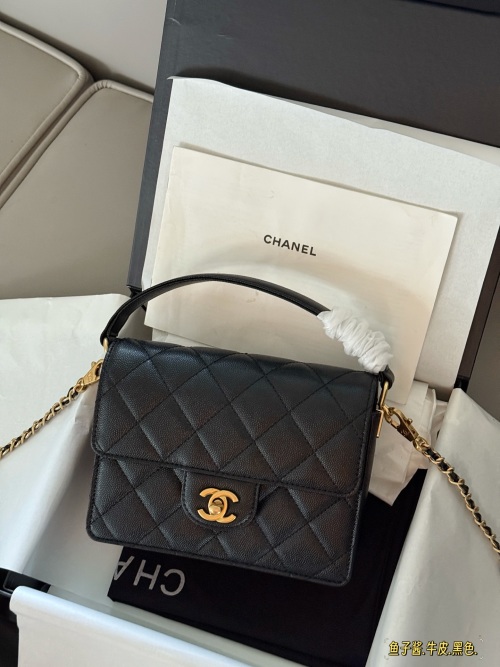 Chanel 24k Handle Flap Bag Caviar Calfskin Leather Wrist Design - Black 1 Chanel 24k Handle Flap Bag Caviar Calfskin Leather Wrist Design - Black