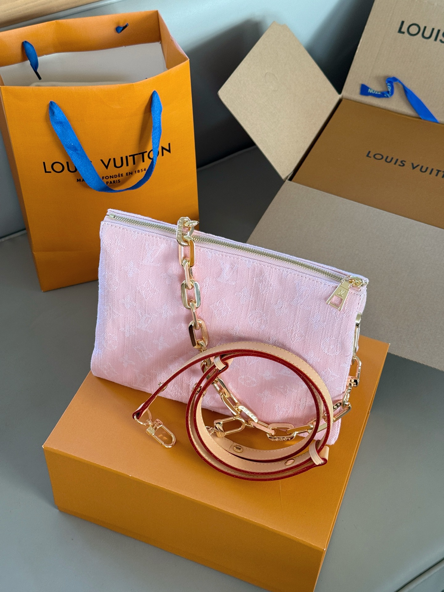 Louis Vuitton Coussin Bag, Pink Denim, Dual Straps, Chic Summer Accessory