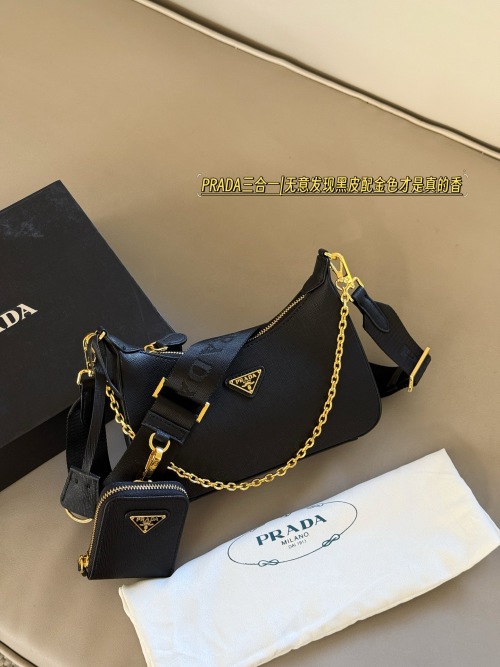 Prada Hobo Three-in-One Bag with Wide Strap and Chain - Black Leather 1 Prada Hobo Three-in-One Bag with Wide Strap and Chain – Black Leather