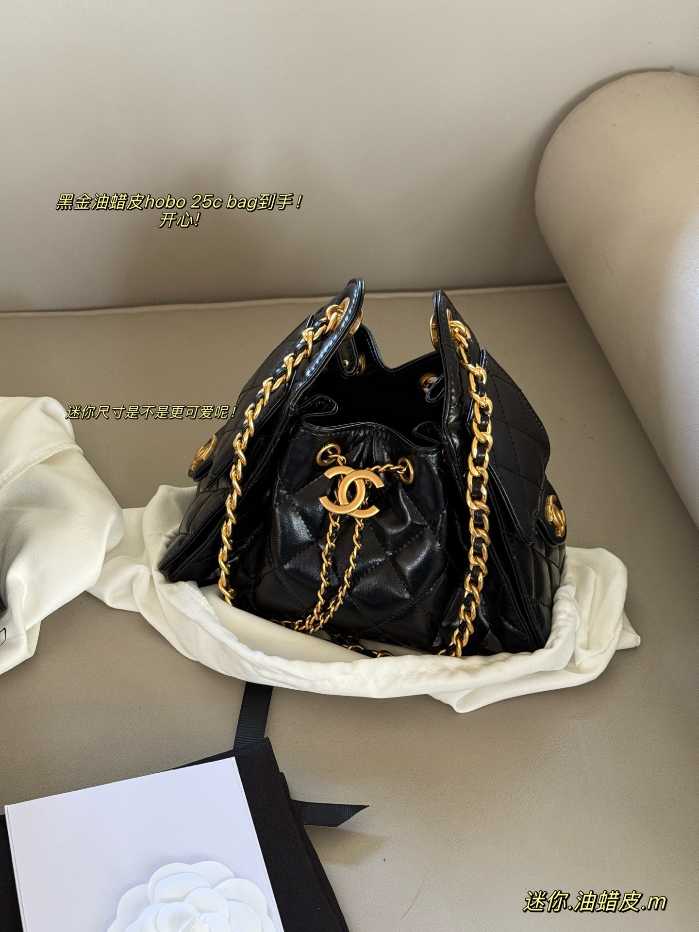 Bolso Hobo Chanel 25C de Piel Encerada Negra y Dorada