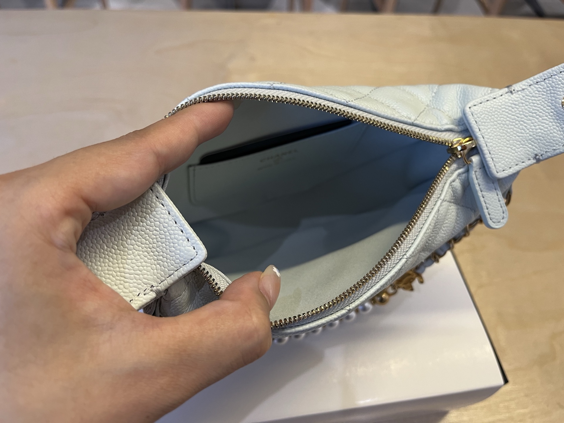 Chanel 25s Pearl Chain Hula Hoop Bag, Light Blue Quilted Leather 9 i1745133111745 861 0 7