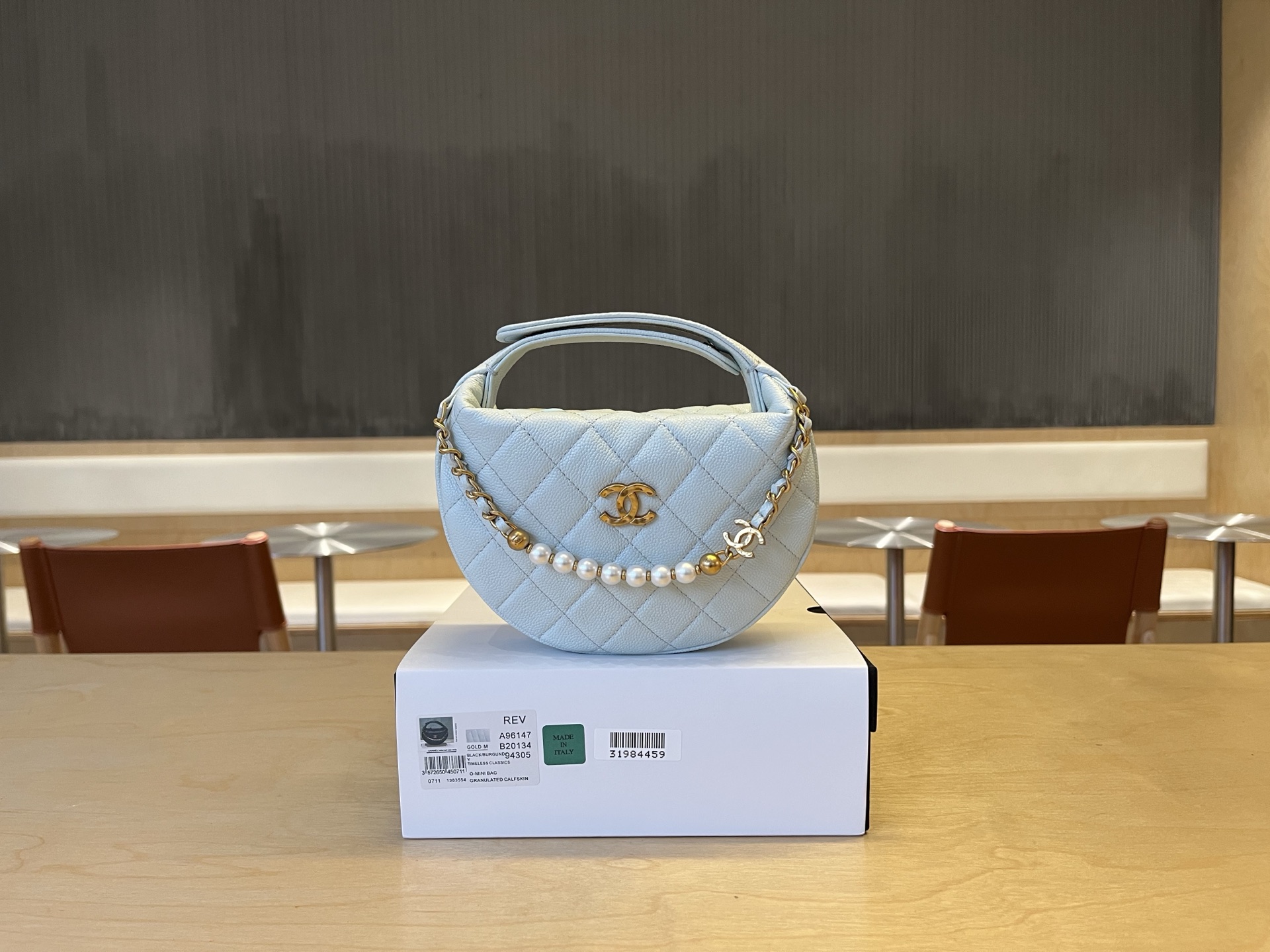 Chanel 25s Pearl Chain Hula Hoop Bag, Light Blue Quilted Leather 2 i1745133116580 6287 0 0