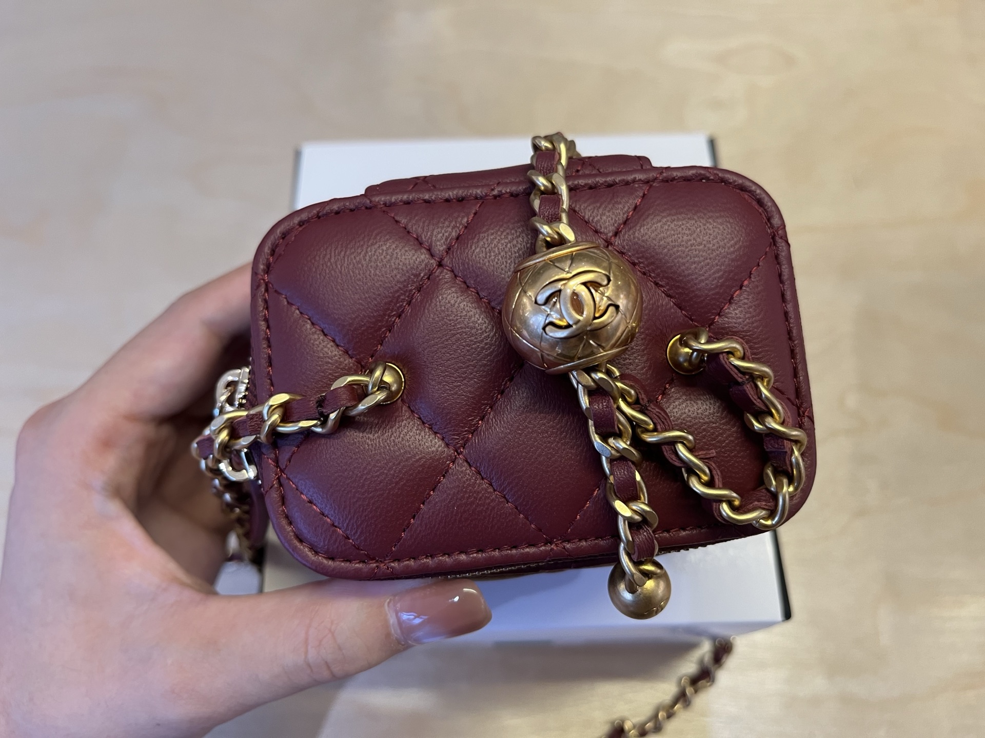 Chanel Mini Box Bag with Metal Ball, Sheepskin Leather, Burgundy, 8.5*11*7cm 7 i1750046451073 2101 0 5
