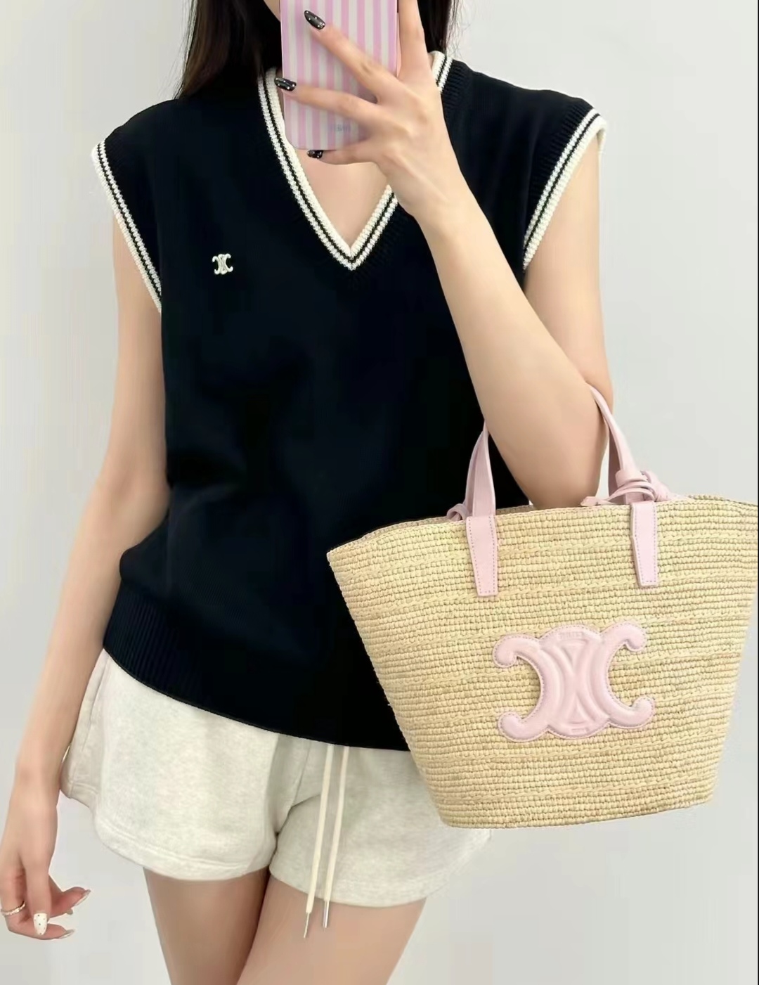 Celine 115802 Summer woven small fresh pink bucket bag