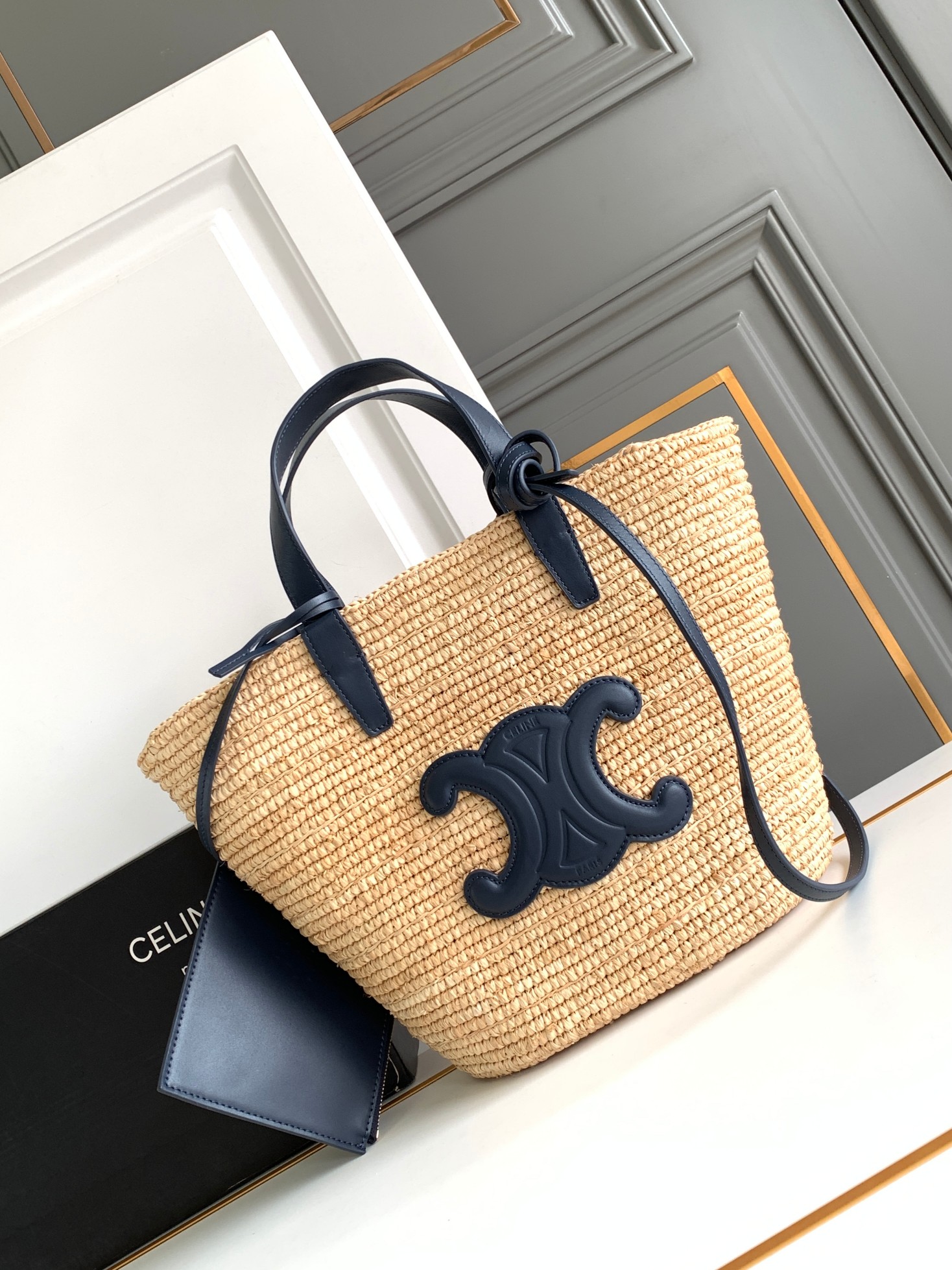 Top Perfect Fake
 Celine Taschen Handtaschen Blau Dunkelblau Gold Weben Rindsleder Stroh gewebt Sommerkollektion Vintage