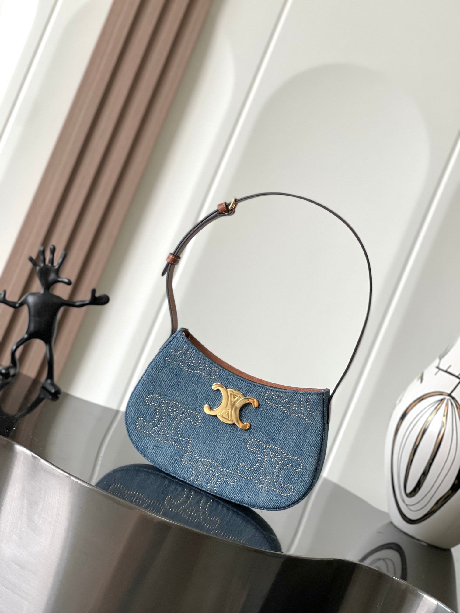 Celine Bolsas Sacos de corpo cruzado & Ombro Ouro Couro de vaca Denim Pele carneiro Triomphe