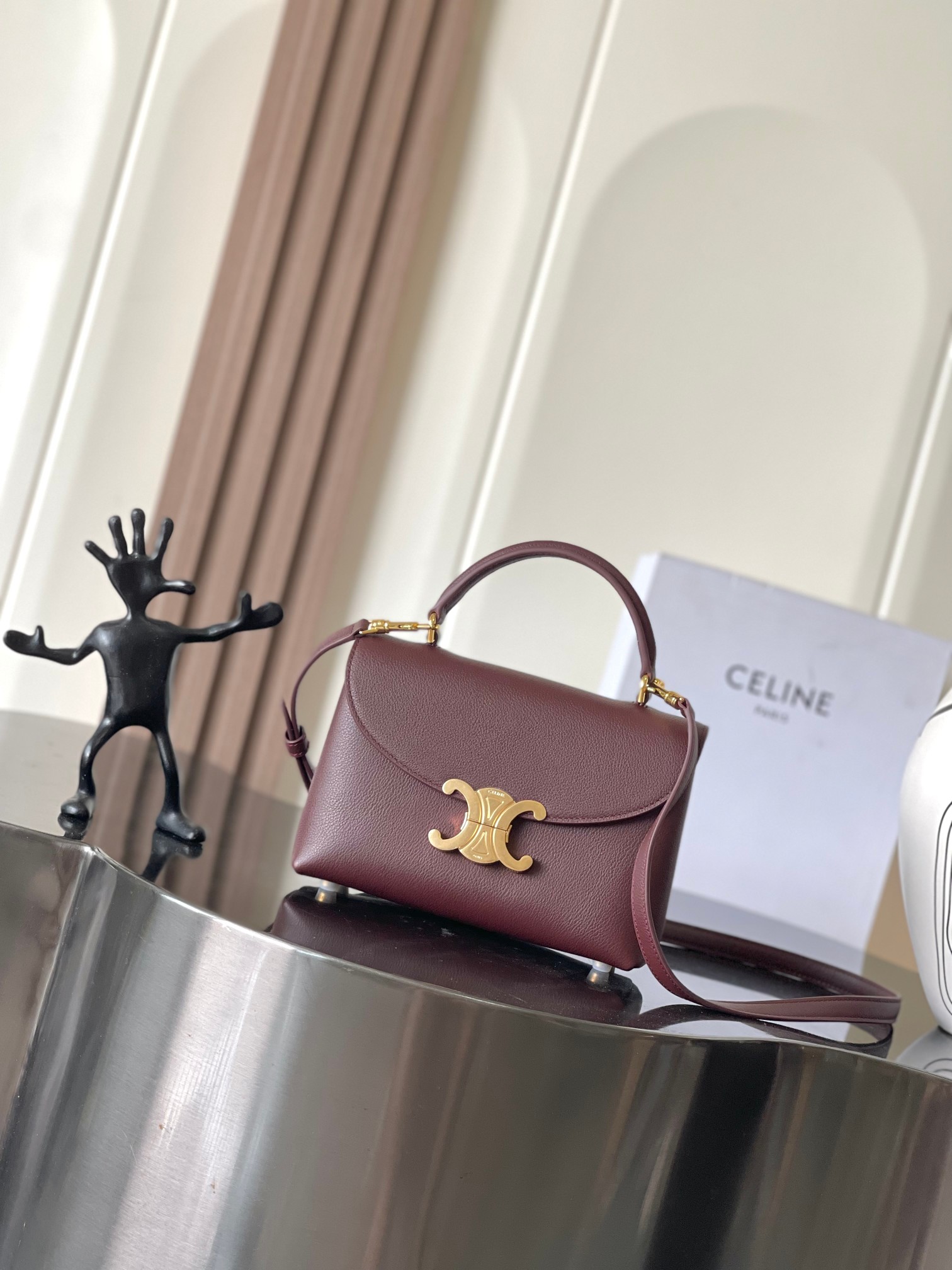 Celine Teen Nino Handbag: Elegant Burgundy Leather with Triomphe Clasp
