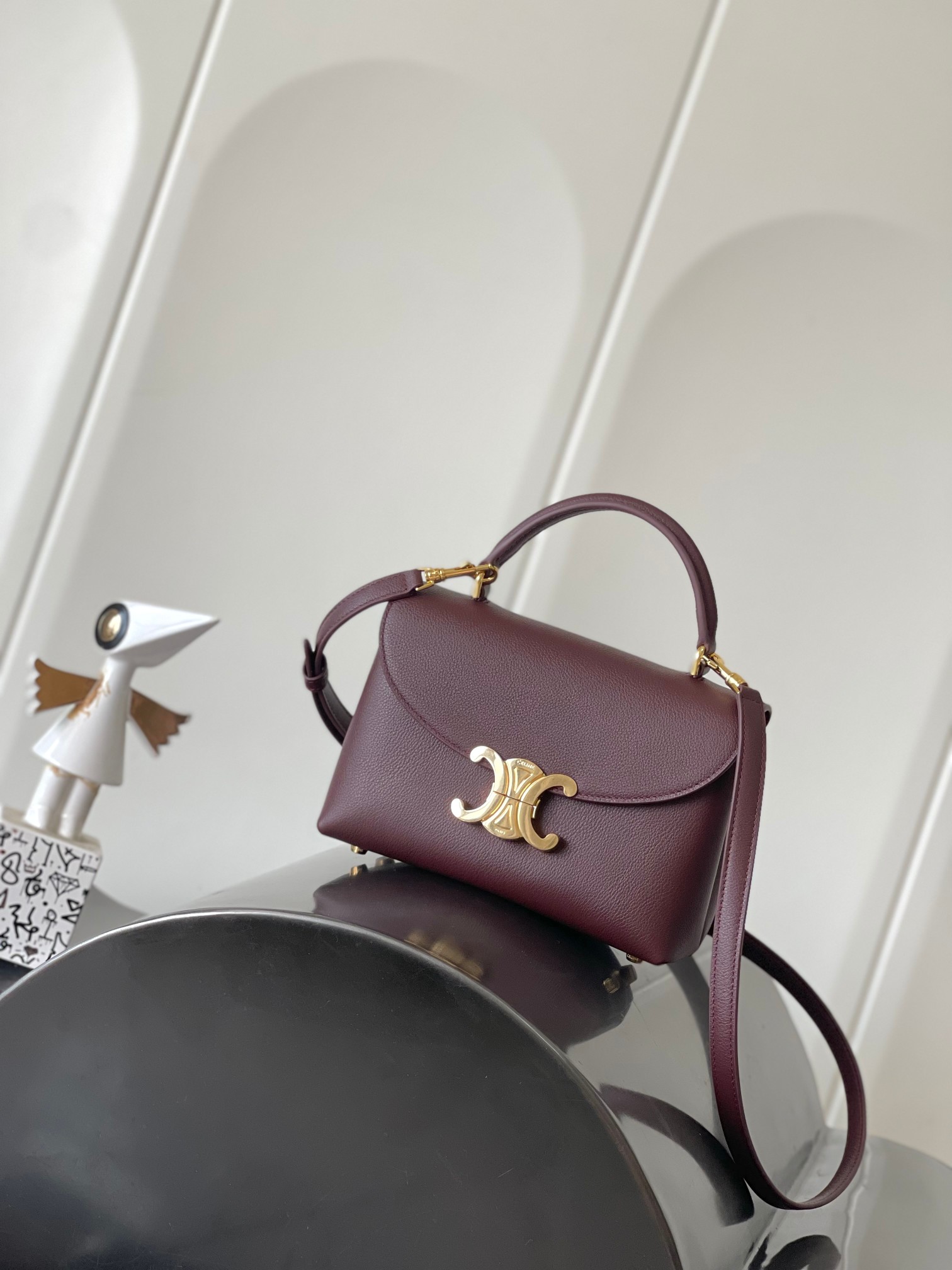 Celine Triomphe Bag: Burgundy Leather Handbag, Crossbody & Shoulder Bag