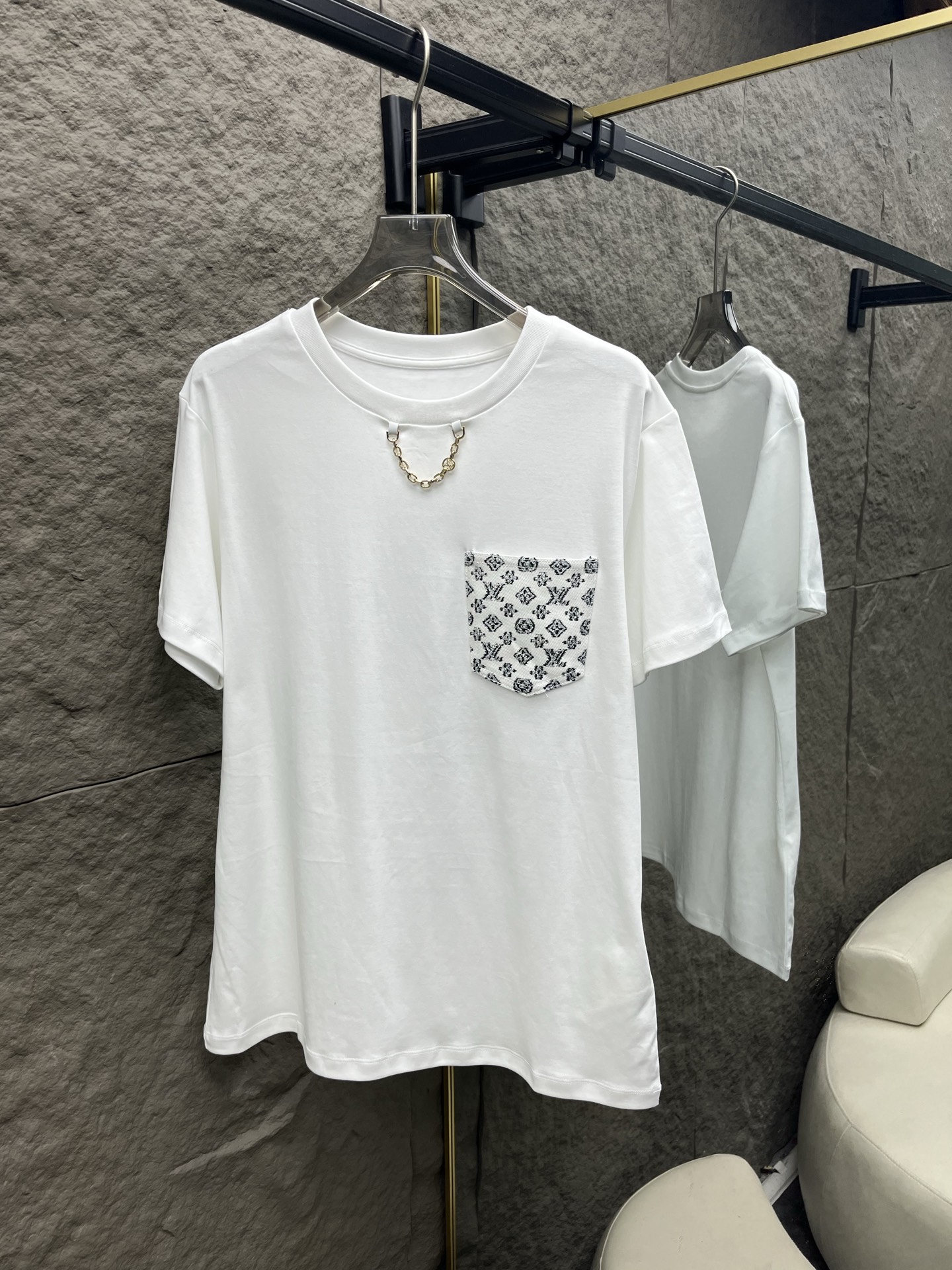 Louis Vuitton Inspired White Tee with Pattern Pocket and Necklace Detail 1 i1747063864241 6950 0 0