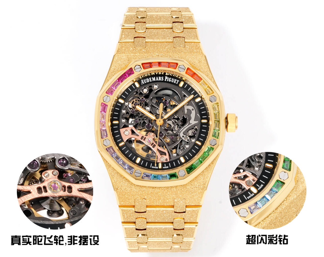 NO:687675,OMF's new Audemars Piguet A Frost Gold Rainbow Ring Gemstone Edition Skeleton Royal Oak Offshore, 15407ST.OO.1220ST.01 men's mechanical watch Caliber 3132 integrated movement, 41mm diameter, dark gray dial shape octagonal bezel with hexagonal screws and colored diamonds makes it more luxurious, as if telling a half-century of legend, deeply favored by trendy men and trendy women.  The hollow dial is matched with three-sided patterned fluorescent hands. The watch mirror is made of anti-glare high-transparent sapphire crystal glass, and the crown is made of frosted gold with a rainbow ring. It is super bright and beautiful. It will shine faintly under the light. The screw-in crown is see-through. The back see-through of the automatic movement allows you to clearly see the movement of the movement of the movement parts. The classic top of the 15407 series will definitely make your eyes shine. It is hard to find a watch on the official website. omf civilian toys are welcome to play,, audemars19860909OMF 新款 爱彼 A 霜金彩虹圈宝石版镂空皇家橡树离岸型,15407ST.OO.1220ST.01男士机械腕表 Calibre 3132一体机芯,41mm直径,深灰色表盘形状八边形表圈的六角螺丝加上彩钻更加奢华,仿佛诉说着半个世纪的传奇,深受潮男潮女层的偏爱, 镂空表盘,搭配三面批花荧光指针.表镜材质防眩光高透蓝宝石水晶玻璃表镜,表冠材质霜金工艺配上彩虹圈,超级亮眼,非常美,光线下会隐隐闪耀,旋入式表冠背透自动机芯背透可以清晰看到机芯走时零件的走动15407系列经典之巅绝对让你眼前一亮,官网一表难求,omf平民玩具欢迎品玩,,audemars,Watch