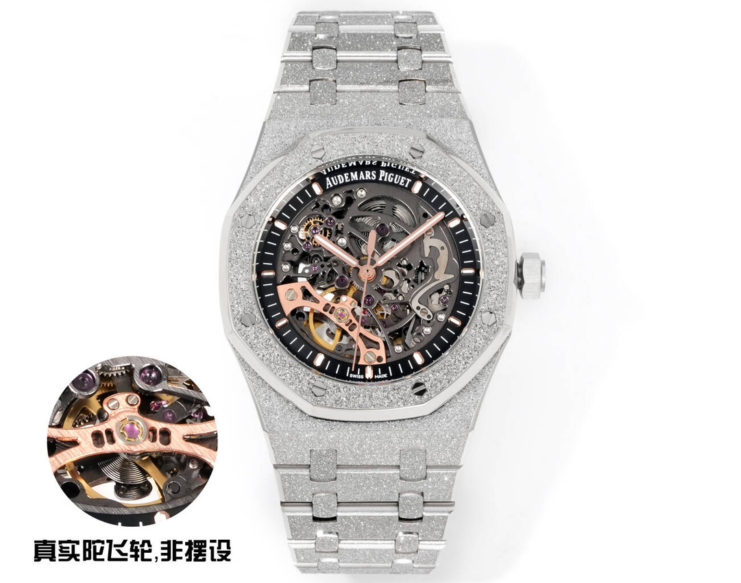 NO:687681,OMF's new Audemars Piguet A Frost Gold Rainbow Ring Gemstone Edition Skeleton Royal Oak Offshore, 15407ST.OO.1220ST.01 men's mechanical watch Caliber 3132 integrated movement, 41mm diameter, dark gray dial shape octagonal bezel with hexagonal screws and colored diamonds makes it more luxurious, as if telling a half-century of legend, deeply favored by trendy men and trendy women.  The hollow dial is matched with three-sided patterned fluorescent hands. The watch mirror is made of anti-glare high-transparent sapphire crystal glass, and the crown is made of frosted gold with a rainbow ring. It is super bright and beautiful. It will shine faintly under the light. The screw-in crown is see-through. The back see-through of the automatic movement allows you to clearly see the movement of the movement of the movement parts. The classic top of the 15407 series will definitely make your eyes shine. It is hard to find a watch on the official website. omf civilian toys are welcome to play,, audemars19860909OMF 新款 爱彼 A 霜金彩虹圈宝石版镂空皇家橡树离岸型,15407ST.OO.1220ST.01男士机械腕表 Calibre 3132一体机芯,41mm直径,深灰色表盘形状八边形表圈的六角螺丝加上彩钻更加奢华,仿佛诉说着半个世纪的传奇,深受潮男潮女层的偏爱, 镂空表盘,搭配三面批花荧光指针.表镜材质防眩光高透蓝宝石水晶玻璃表镜,表冠材质霜金工艺配上彩虹圈,超级亮眼,非常美,光线下会隐隐闪耀,旋入式表冠背透自动机芯背透可以清晰看到机芯走时零件的走动15407系列经典之巅绝对让你眼前一亮,官网一表难求,omf平民玩具欢迎品玩,,audemars,Watch