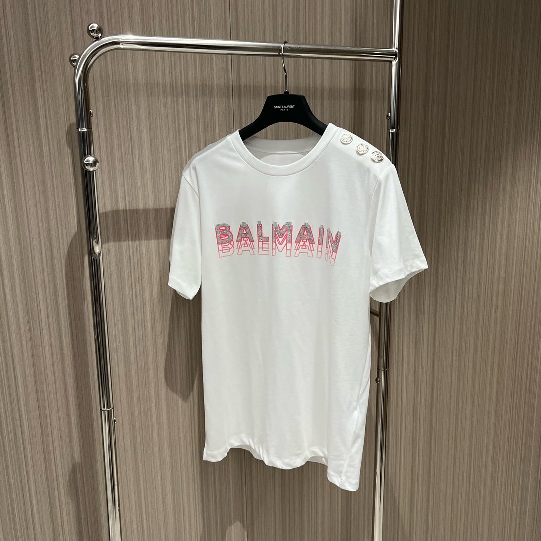 BALMAIN巴尔曼新款烫钻重影字母T恤 经典肩扣设计装饰精致重工 时尚休闲 显瘦百搭 黑白粉 SML 82zldbdysdwz