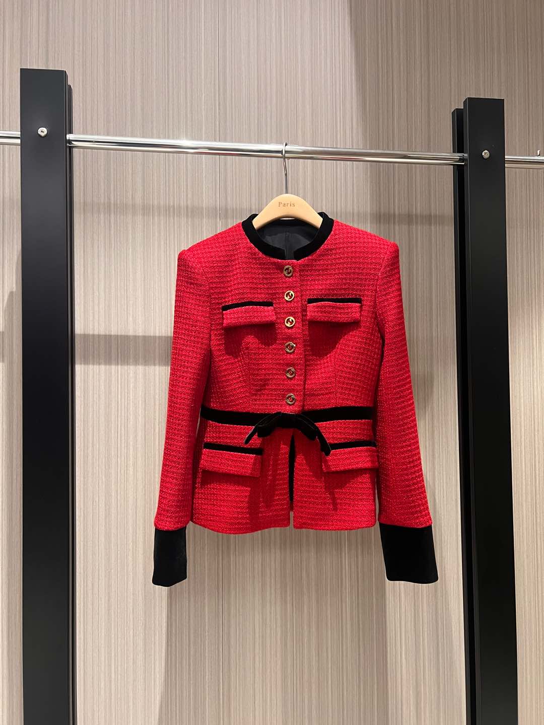 NO:294043,New New Year red tweed spliced ​​velvet cuff stand collar waist-closed suit jacket bow belt decoration Double G gold buckle embellishment celebrity temperament commuting versatile fashion age-reducing SML 8,,jackets & coats,business suit,alexander wang19860909新款新年红色粗花呢拼接丝绒袖口立领收腰西装外套蝴蝶结腰带装饰 双G金扣点缀 名媛气质 通勤百搭 时尚减龄SML 8,,jackets & coats,business suit,alexander wang,Women's clothing