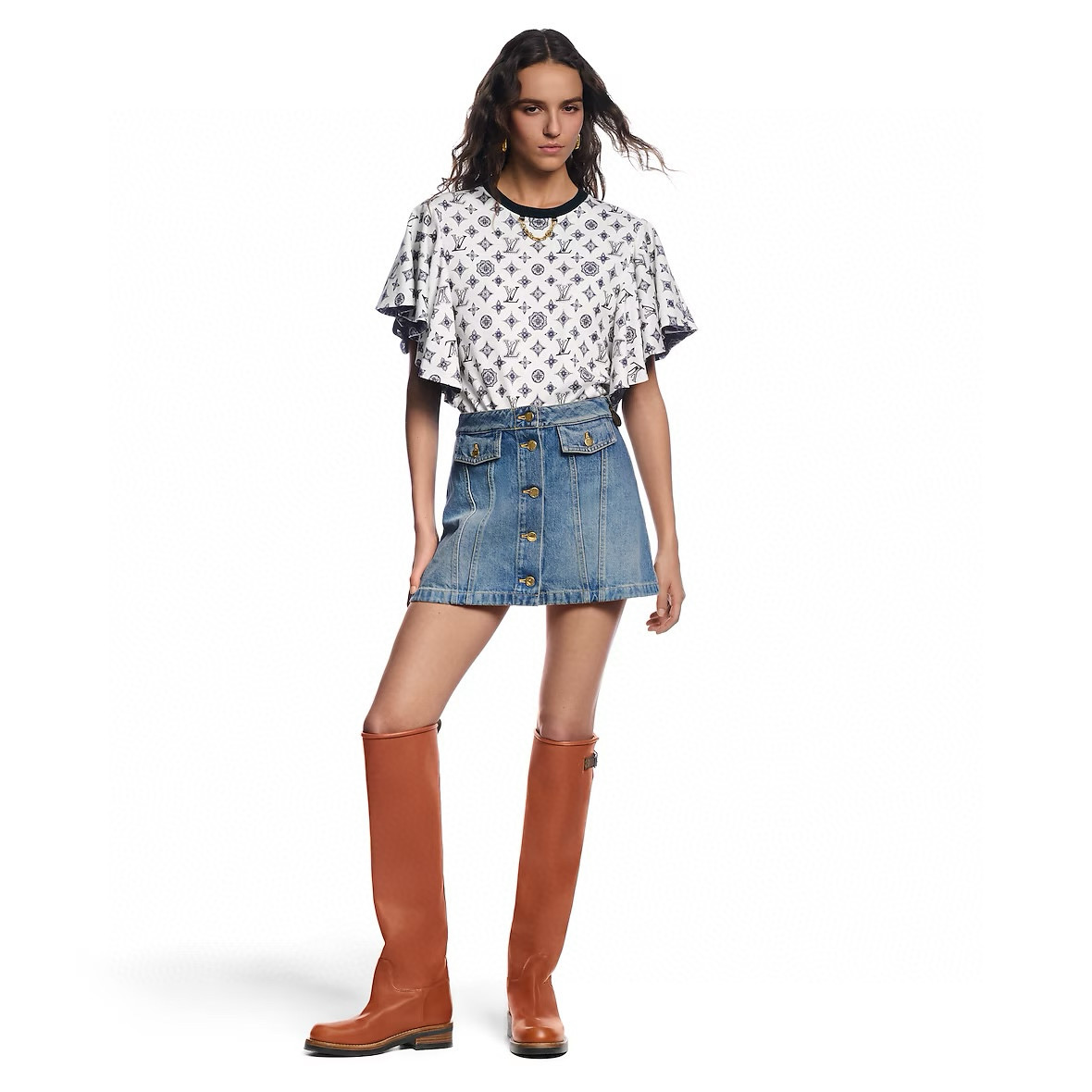 NO:316422,New color-blocked retro old flower chain T-shirt color-blocked pleated skirt Lotus leaf sleeve design temperament age-reducing elegance and versatile SML T-shirt Skirt works, skirts, tees, t-shirt, alexander wang19860909新款拼色复古老花链条T恤拼色百褶半裙 荷叶袖设计气质减龄 优雅百搭 SML T恤 半裙作品,,skirts,tees，t-shirt,alexander wang,Women's clothing