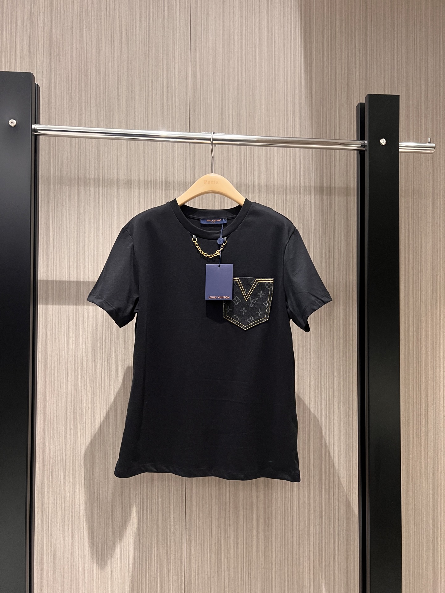 NO:310961,New style of old-fashioned denim pocket chain t-shirt casual and fashionable simple and versatile SML, tees, t-shirt, alexander wang19860909新款拼老花牛仔口袋链条t恤休闲时尚 简单百搭 SML,,tees，t-shirt,alexander wang,Women's clothing