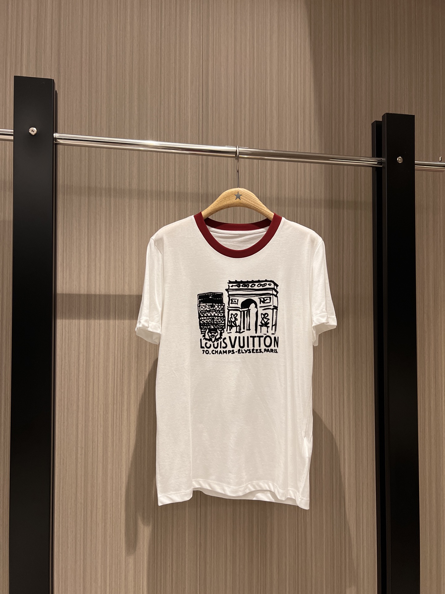 NO:320616,New flocking Arc de Triomphe building logo letter contrast collar T-shirt simple and versatile casual and age-reducing brick red and white SML, tees, t-shirt, alexander wang19860909新款植绒凯旋门建筑logo字母撞色领T恤简单百搭 休闲减龄 砖红白色 SML,,tees，t-shirt,alexander wang,Women's clothing