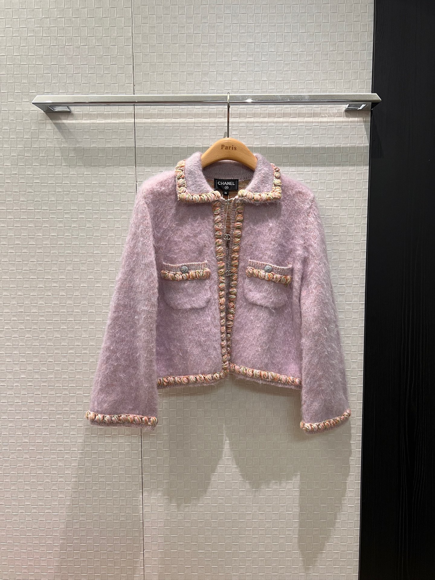 NO:479516,New hand-knitted wool edge decoration cashmere wool blended lapel taro purple knitted jacket double C diamond buckle celebrity temperament elegant versatile SML, jackets & coats, alexander wang19860909新款手工编织毛线边装饰 羊绒羊毛混纺翻领香芋紫针织外套双C镶钻扣 名媛气质 优雅百搭SML,,jackets & coats,alexander wang,Women's clothing
