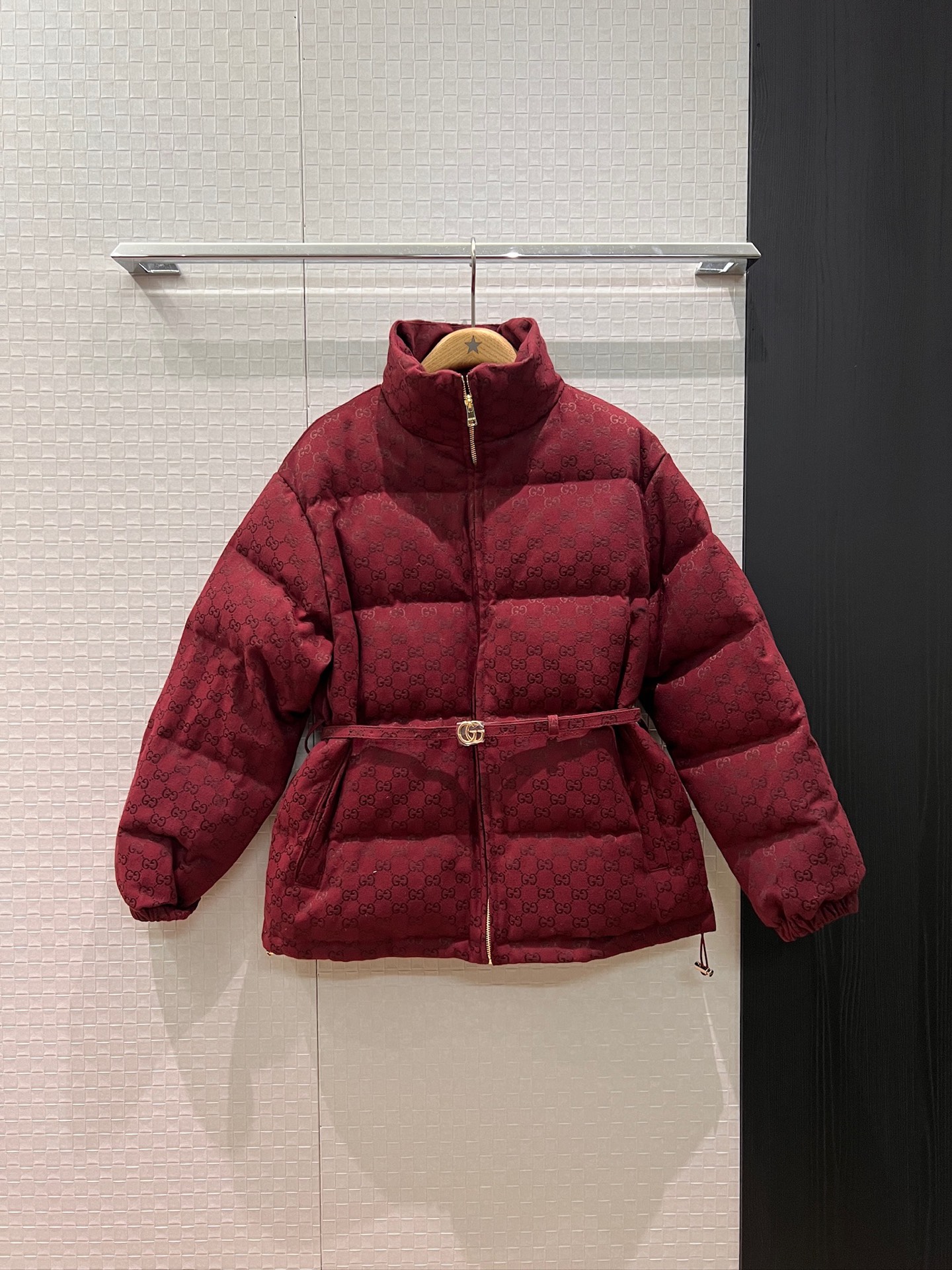 Ancola Red Double G Jacquard High Neck Down Jacket with Belt