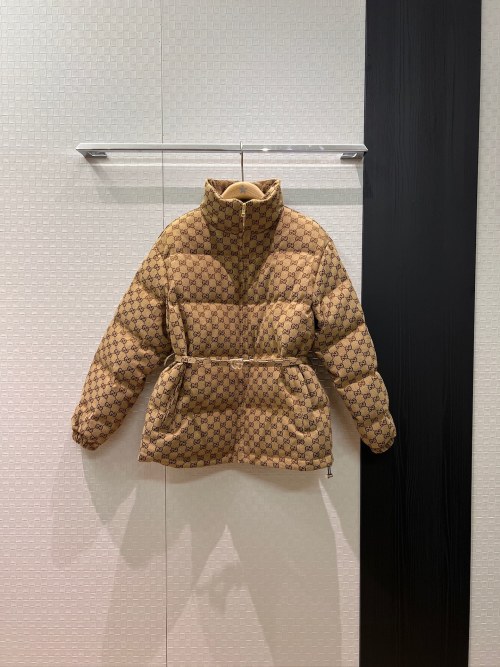 Gucci Monogram Padded Down Jacket With Belt Beige 1 Gucci Monogram Padded Down Jacket With Belt Beige