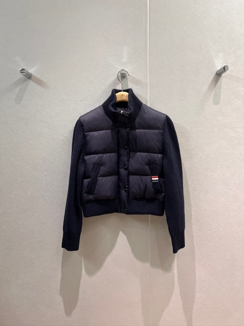 Thom Browne Navy Knit Sleeve Down Puffer Jacket Four-Bar Detail Women's 1 Thom Browne Navy Knit Sleeve Down Puffer Jacket Four-Bar Detail Women's