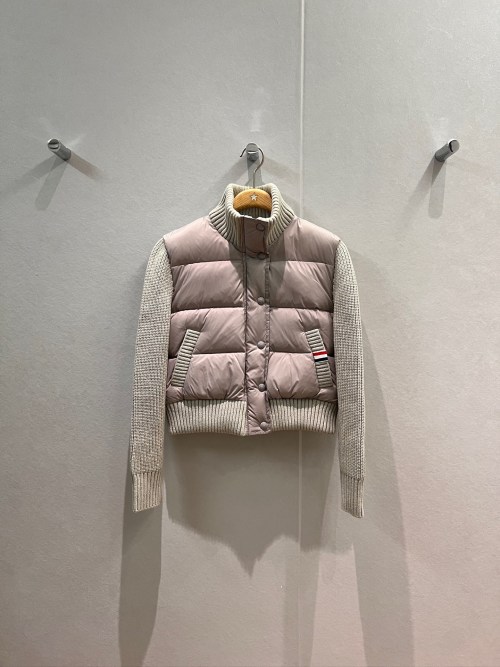 Thom Browne High Neck Down Jacket with Knit Sleeves and Four-Bar Stripes 1 Thom Browne High Neck Down Jacket with Knit Sleeves and Four-Bar Stripes