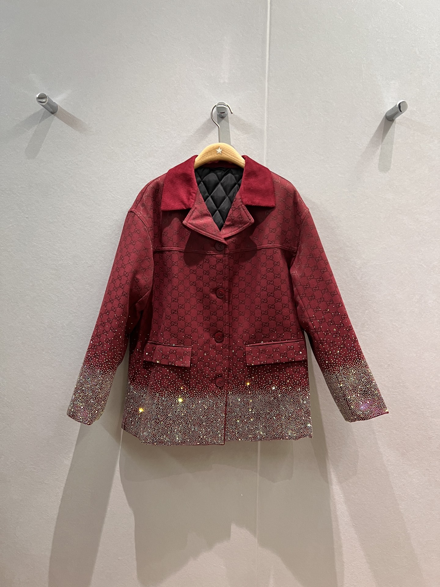 NO:567311,New gradient hot diamond custom dyed double G jacquard jacket, spliced ​​corduroy collared cotton jacket, loose and fashionable, versatile for commuting, can be matched with the same skirt and dress, dark green and burgundy SML,,skirts,jackets & coats,alexander wang19860909新款渐变烫钻定染双G提花外套 拼接灯芯绒领夹棉外套宽松时髦 通勤百搭 可搭同款半裙 连衣裙墨绿酒红 SML,,skirts,jackets & coats,alexander wang,Women's clothing