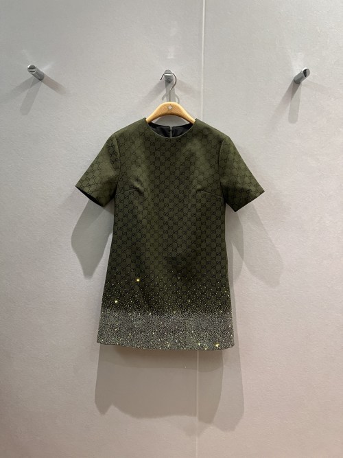 Gucci Green Jacquard Mini Dress with Rhinestone Embellishments - Elegant & Chic 1 Gucci Green Jacquard Mini Dress with Rhinestone Embellishments - Elegant & Chic