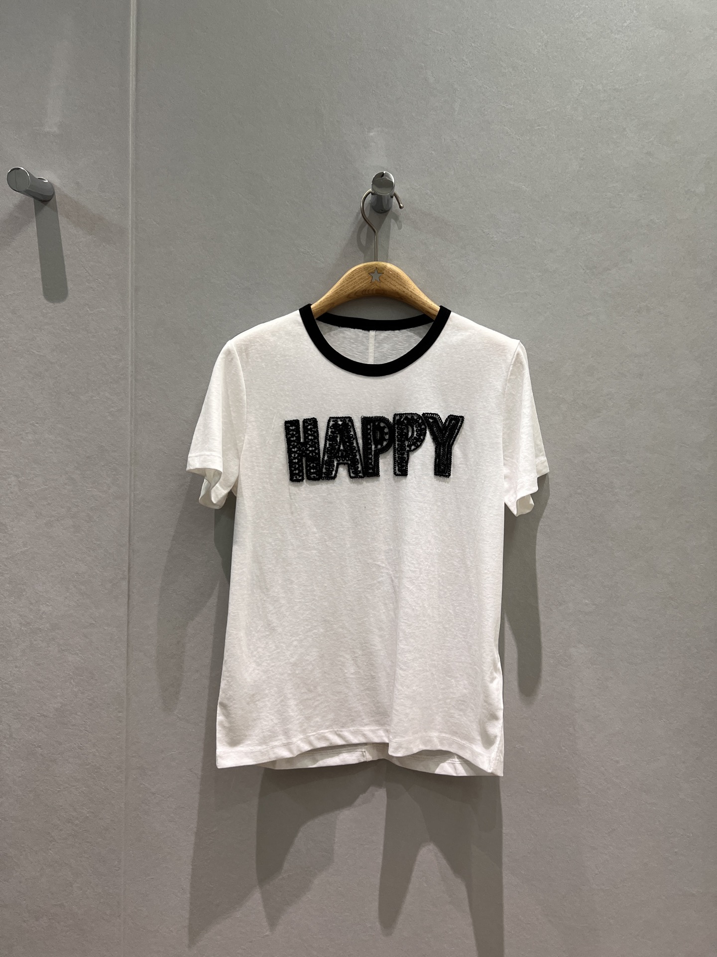 NO:629409,New wool embroidered HAPPY letter contrast collar T-shirt is simple and cute, casual and versatile, dark blue, wine red and white SML,,tees,t-shirt,alexander wang19860909新款毛线刺绣HAPPY字母撞色领T恤简单可爱 休闲百搭深蓝酒红白色 SML,,tees，t-shirt,alexander wang,Women's clothing