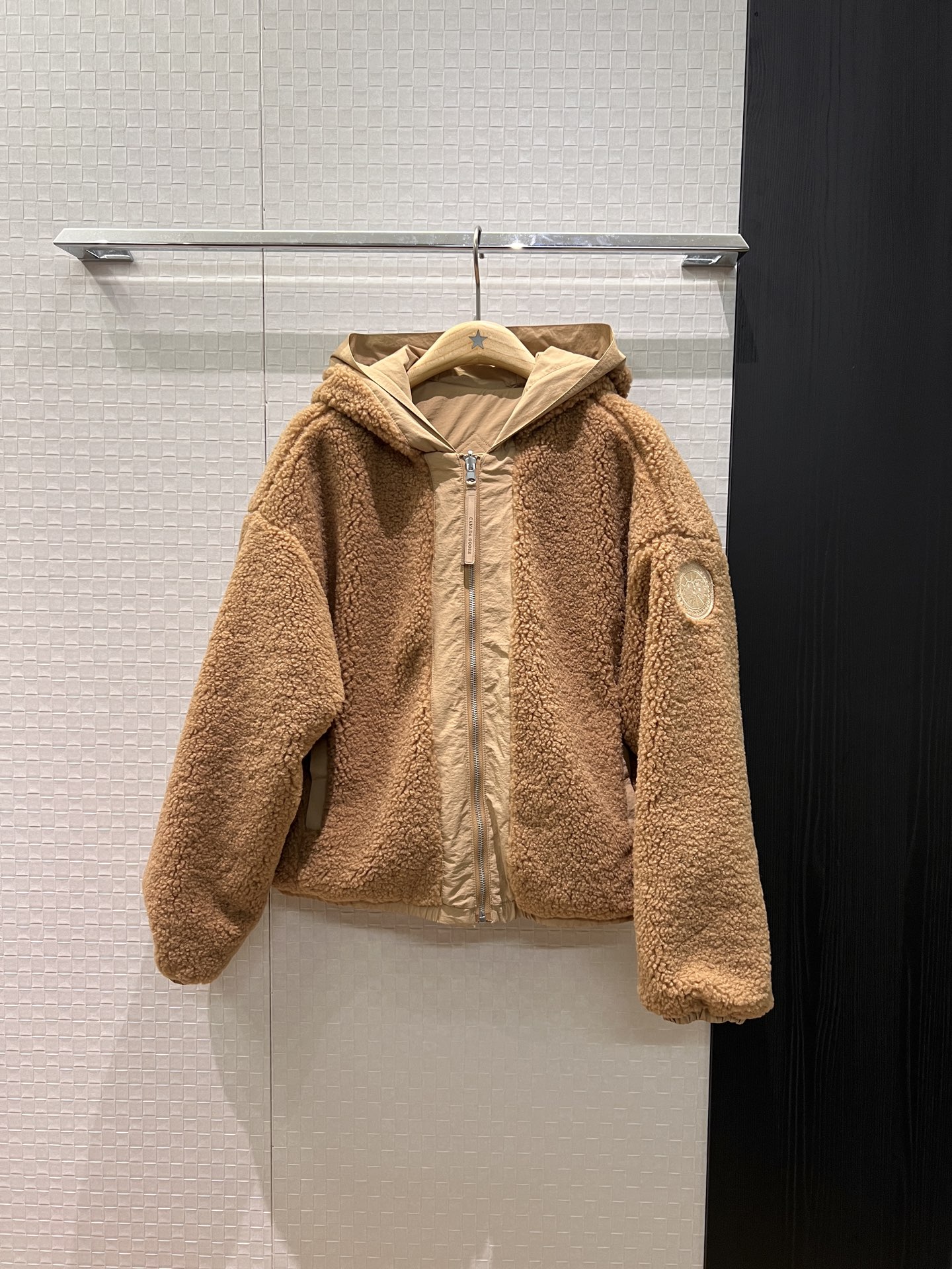 NO:663063,New big goose teddy fur reversible hooded jacket classic badge armband decoration elastic cuffs hem waist loose and casual age-reducing and versatile green coffee gray SML,,jackets & coats,hats, 19860909新款大鹅泰迪毛毛两面穿 连帽外套经典徽章袖标装饰 松紧袖口下摆收腰 宽松休闲 减龄百搭绿色咖色灰色 SML,,jackets & coats,hats, ,Women's clothing