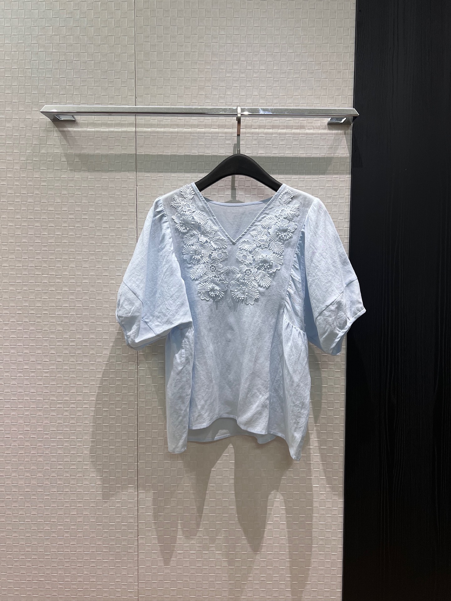 NO:872559,New resort style three-dimensional water-soluble flower decorated V-neck linen top with puff sleeves, loose and casual, versatile for ageing, blue and white S-XL,,19860909新款度假风 立体水溶花装饰V领亚麻上衣泡泡袖 宽松休闲 减龄百搭蓝色白色 S-XL,,,Women's clothing