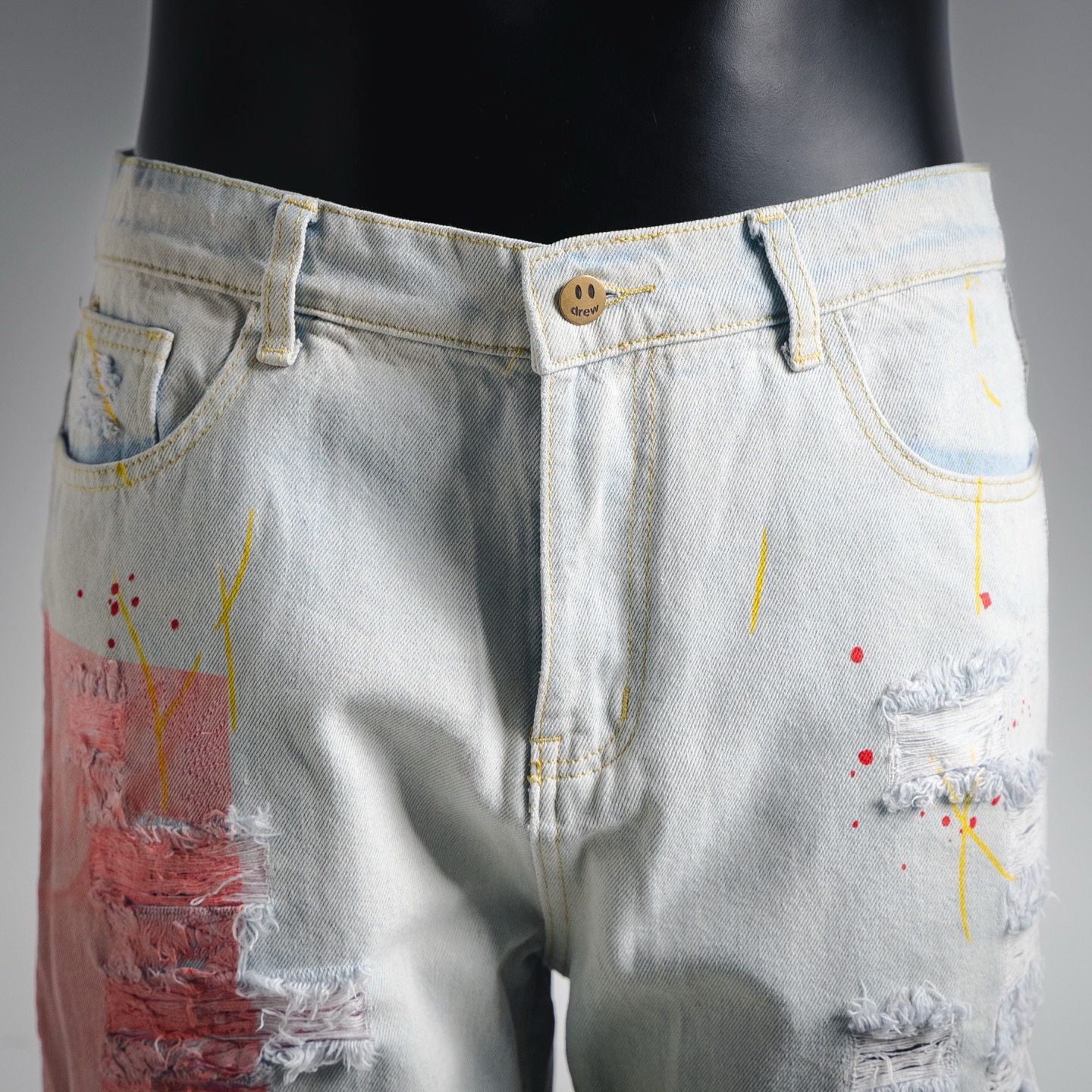 DREW HOUSE 泰迪熊笑脸牛仔裤破洞宽松高街泼墨男女休闲直筒牛仔 蓝-Chinese UA Cheap High Quatity Brand Clothes Bags handbags Sneakers wholesale wholesaler seller from China Factory suppliers Fashion Clothing Shoes best Quality Beautiful Price DREW HOUSE 泰迪熊笑脸牛仔裤破洞宽松高街泼墨男女休闲直筒牛仔 蓝