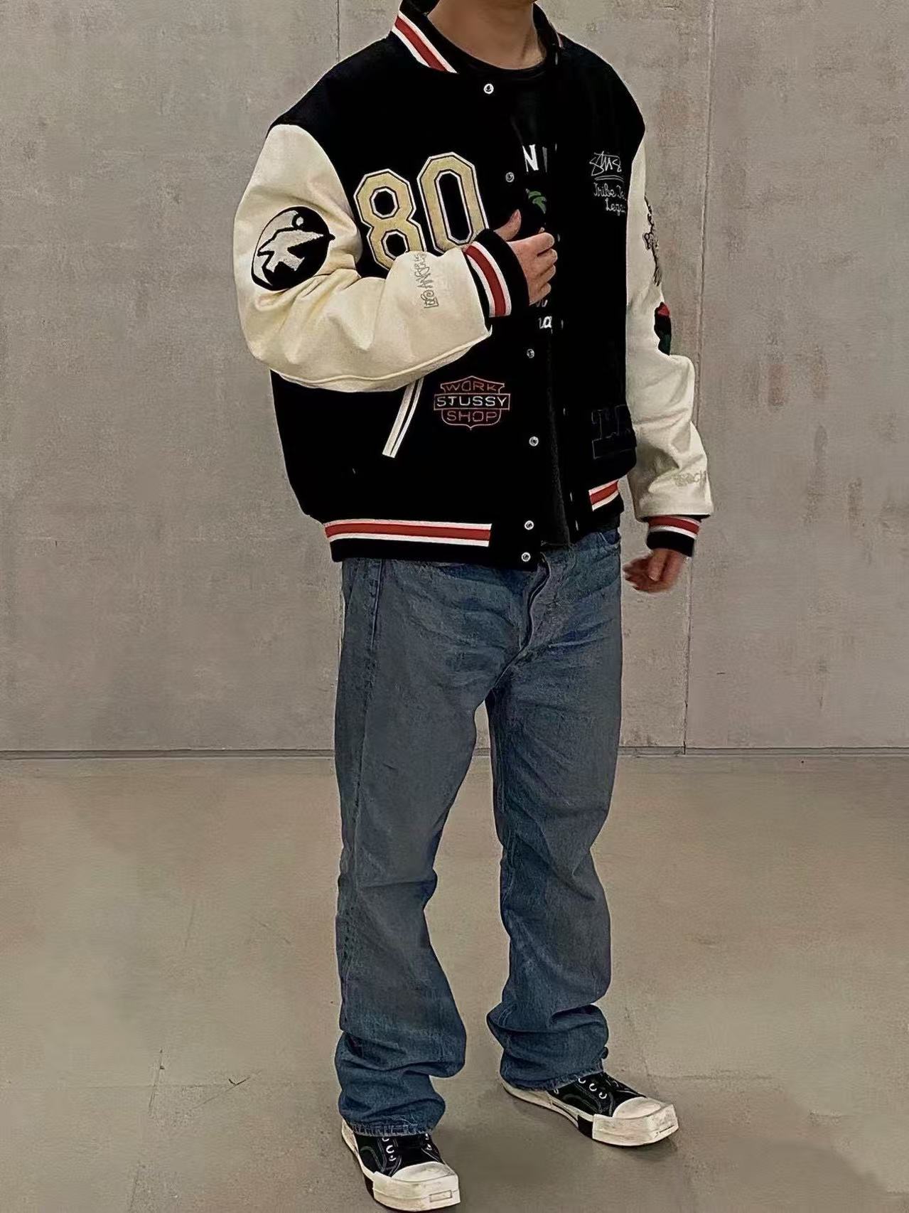 斯图西Stussy 三方联名款拼接刺绣棒球服加棉夹克外套 上身效果#