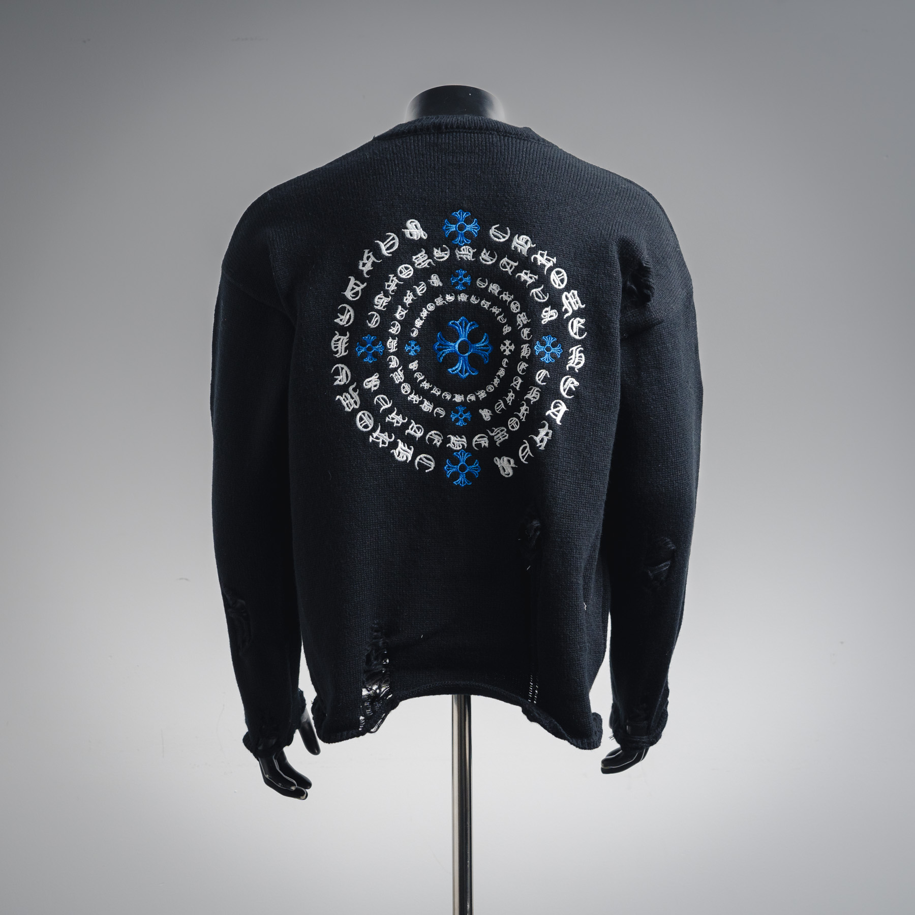 Chrome Hearts CH 克罗心25ss刺绣圆盘梵文十字架破洞针织毛衣套头 黑色 米色 灰色