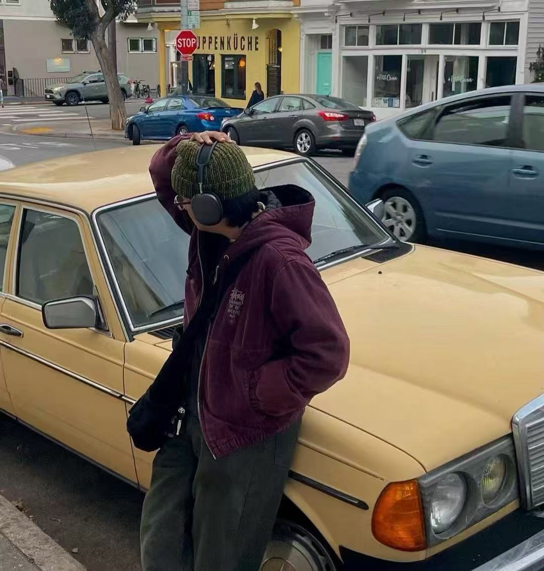 Stussy斯图西 水洗做旧字母刺绣黑8 连帽工装棉服外套 上身集合