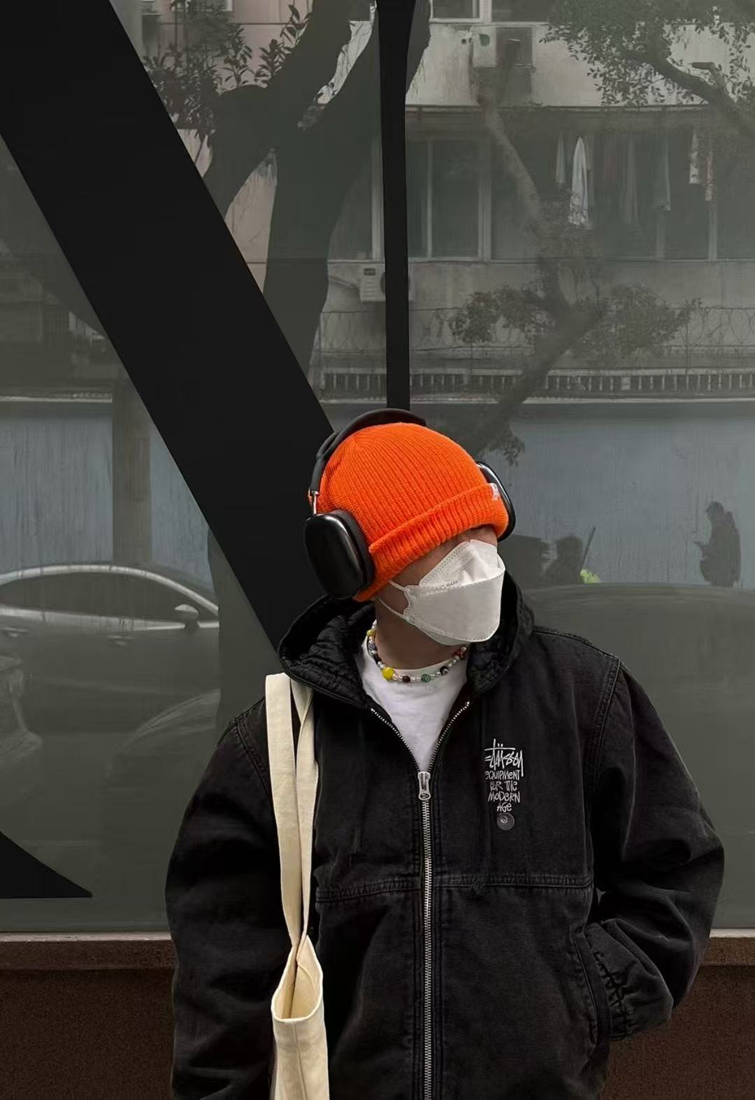 Stussy斯图西 水洗做旧字母刺绣黑8 连帽工装棉服外套 上身集合