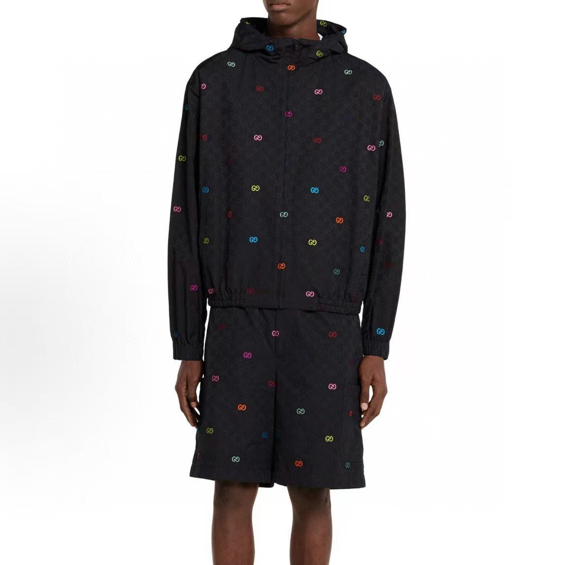 GUCCI古驰彩色提花帆布拼接新款连帽外套夹克 上身效果#