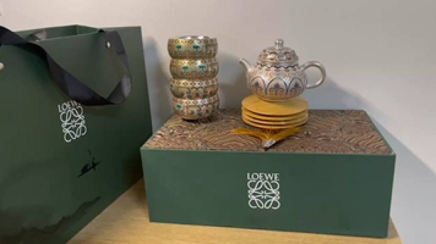 Loewe 999 Sterling Silver Enamel Handmade Tea Set with Teapot, Cups & Gift Box 1 Loewe 999 Sterling Silver Enamel Handmade Tea Set with Teapot, Cups & Gift Box