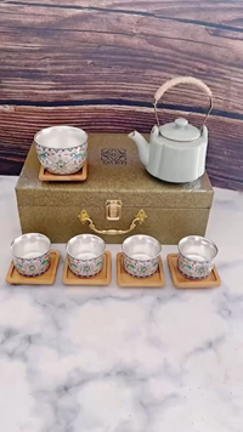 Loewe 999 Silver Tea Set, Teapot with 5 Cups and Coasters, Gift Box 1 Loewe 999 Silver Tea Set, Teapot with 5 Cups and Coasters, Gift Box
