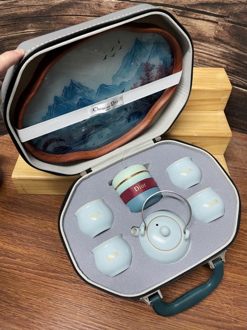 Dior Tea Set, Porcelain Teapot with 4 Cups, Tea Caddy, and Tray in Case 1 Dior Tea Set, Porcelain Teapot with 4 Cups, Tea Caddy, and Tray in Case
