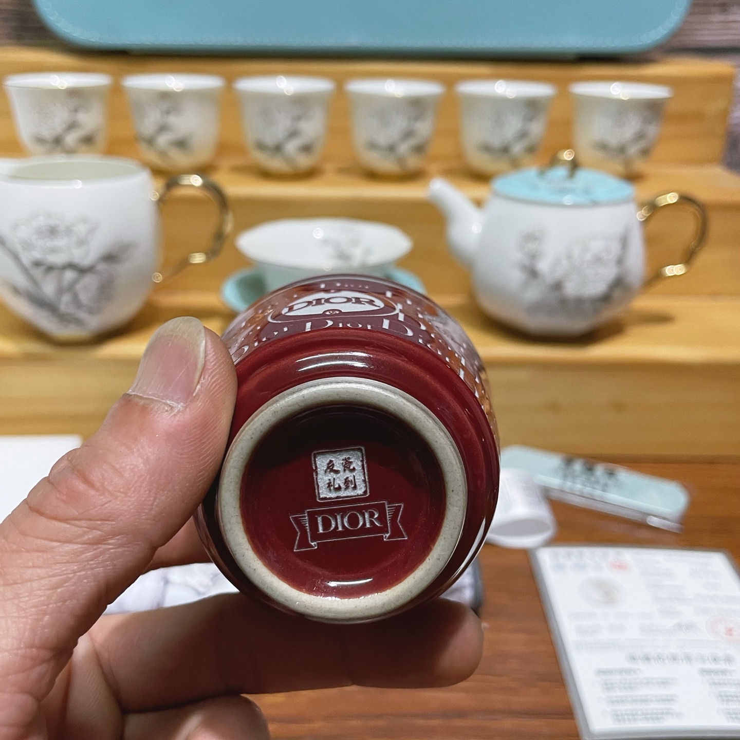 Dior DIOR迪奥999纯银霁红主人杯花开富贵夫人蓝牡丹玉瓷大套组