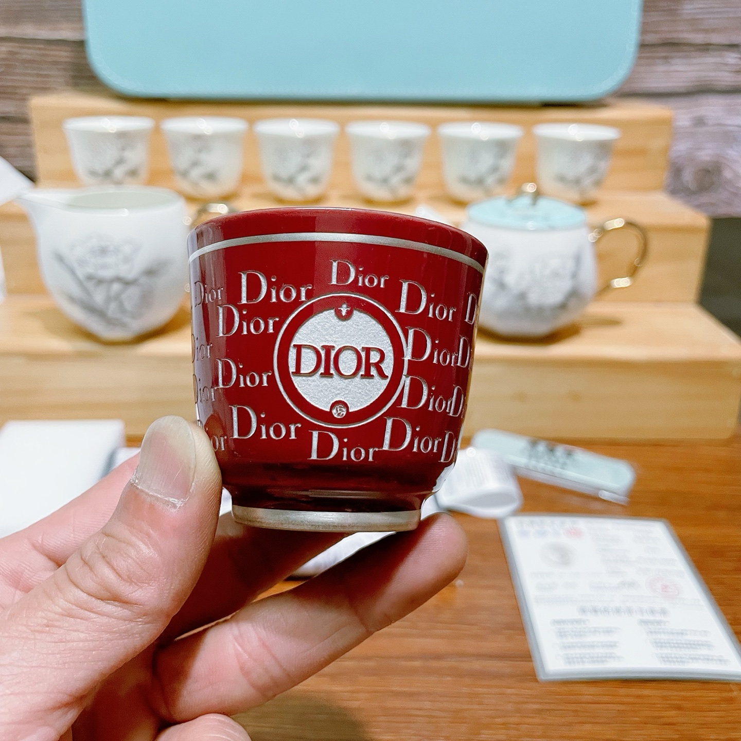 Dior DIOR迪奥999纯银霁红主人杯花开富贵夫人蓝牡丹玉瓷大套组