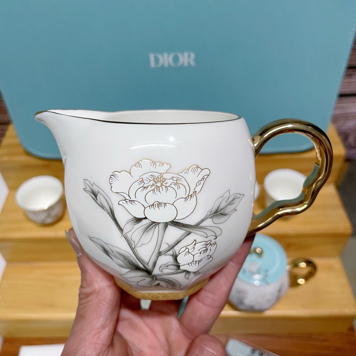 Dior DIOR迪奥999纯银霁红主人杯花开富贵夫人蓝牡丹玉瓷大套组