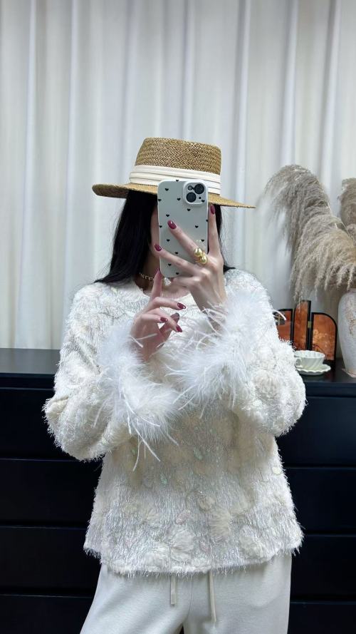 Elegant Handmade Floral Sequin Sweater with Plush Trim - Soft and Chic 1 Elegant Handmade Floral Sequin Sweater with Plush Trim - Soft and Chic