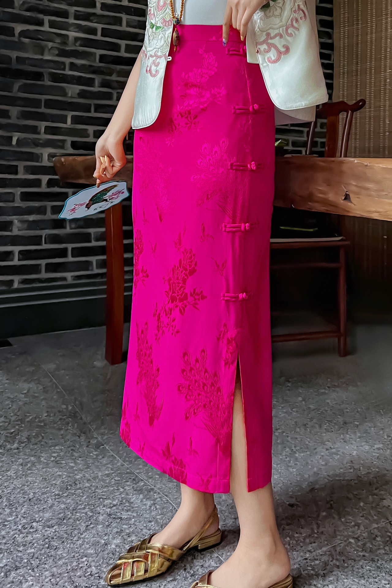 半裙上新中式半松紧腰人丝提花半裙 版型好，百搭，颜色玫红，黄色，黑色，粉色SMLXL