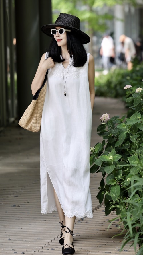 Elegant Embroidered 100% Cotton Linen Maxi Dress - Comfortable & Stylish 1 Elegant Embroidered 100% Cotton Linen Maxi Dress - Comfortable & Stylish